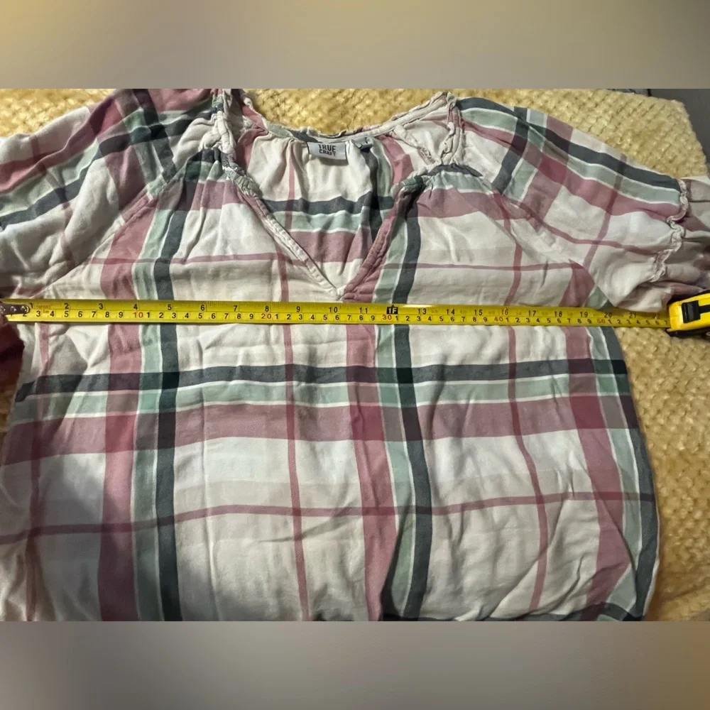 True Craft Pink and Green Plaid Blouse with distressed edging. - Picture 5 of 7